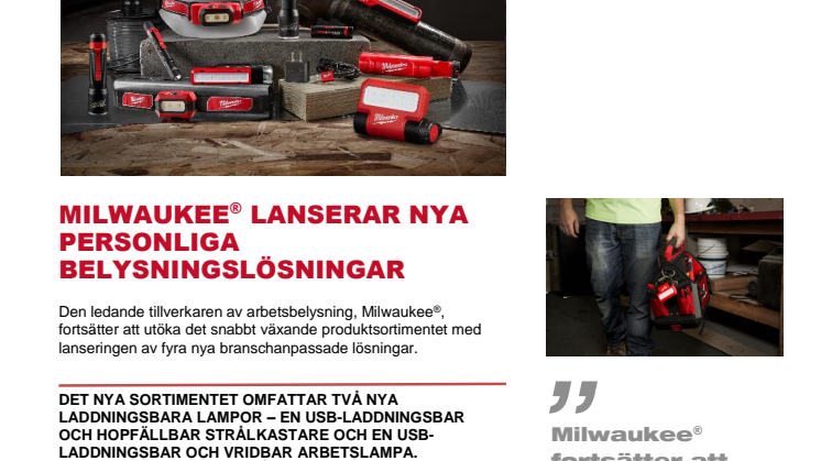 MILWAUKEE® LANSERAR FLER PERSONLIGA BELYSNINGSLÖSNINGAR 
