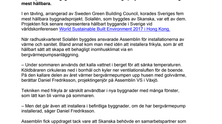 Assemblin bidrog till ett av Sveriges mest hållbara byggprojekt 