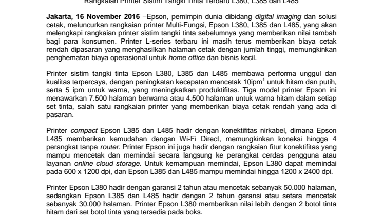 Epson Meluncurkan Rangkaian Printer Multi-Fungsi L-series Terbaru