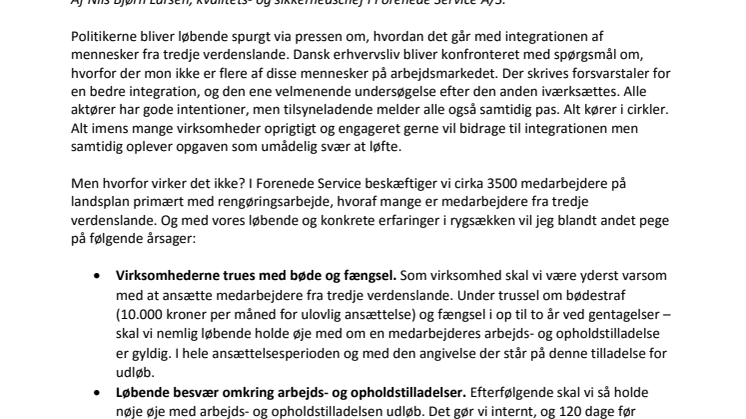 Skrivelse til Beskæftigelsesudvalget i Folketinget - fra Forenede Service 
