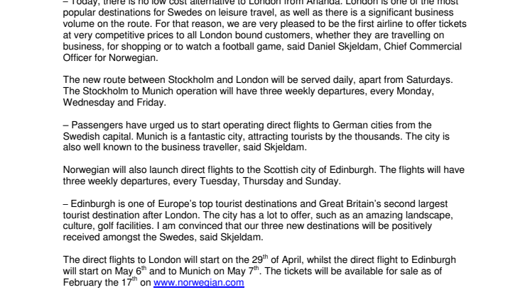 Norwegian launches direct flights to London, Edinburgh and Munich from Stockholm