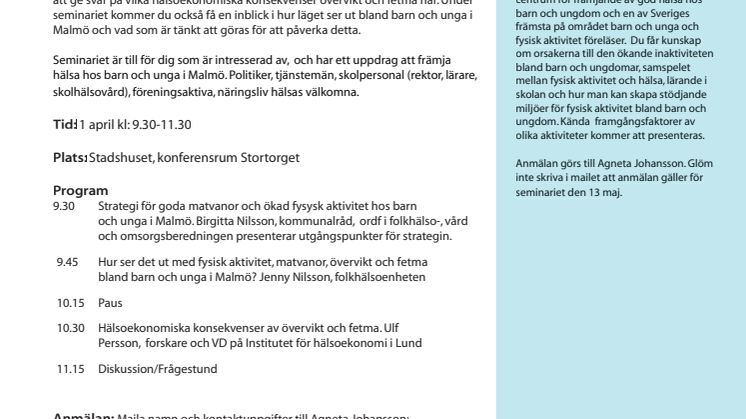 Seminarium - Vad kostar övervikt och fetma Malmö?