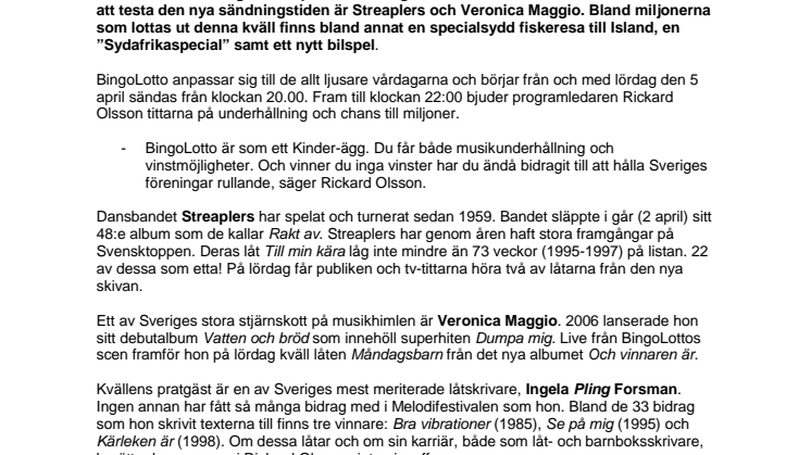 BingoLotto på ny sändningstid – Streaplers och Veronica Maggio på scen