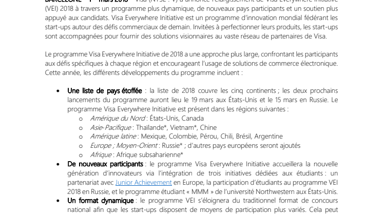 Visa invite les Fintechs du monde entier à participer au programme Visa Everywhere Initiative 2018