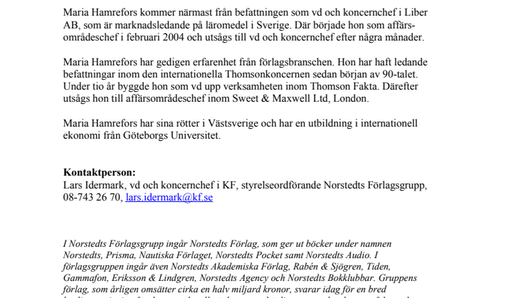 Maria Hamrefors ny vd i Norstedts Förlagsgrupp