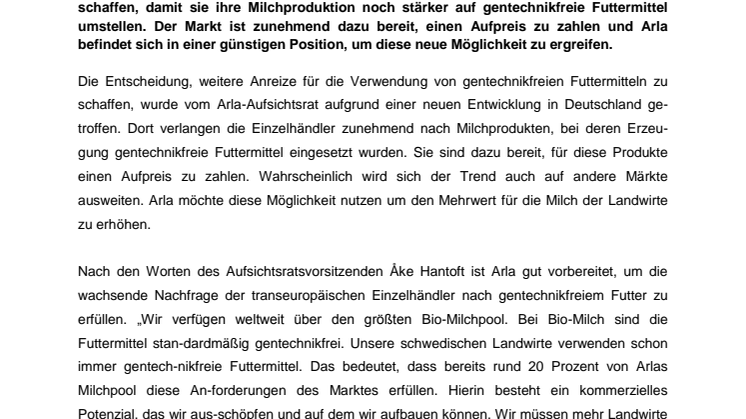 Arla schafft einen Anreiz für den Einsatz von mehr gentechnikfreien Futtermitteln 