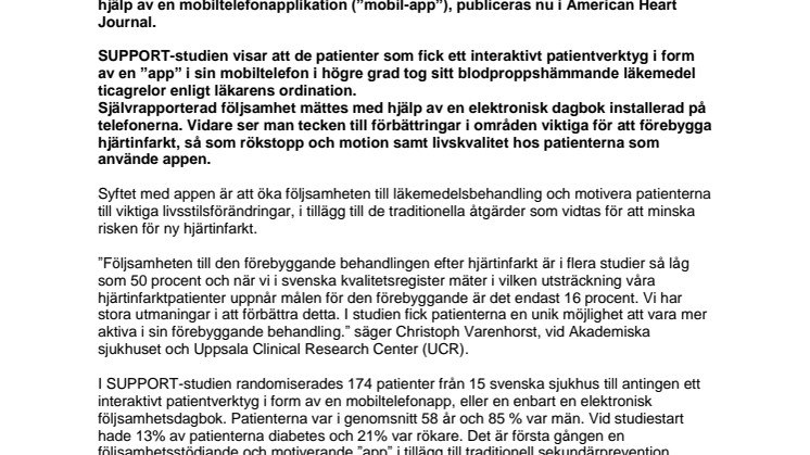 STUDIE VISAR ATT ”MOBIL-APP” FÖRBÄTTRADE FÖLJSAMHET TILL BEHANDLING EFTER HJÄRTINFARKT