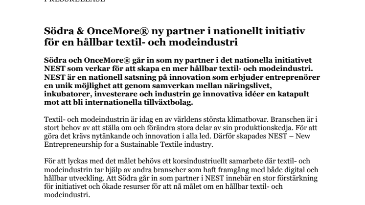 PM - Södra & OnceMore® ny partner i nationellt initiativ för en hållbar textil- och modeindustri.pdf