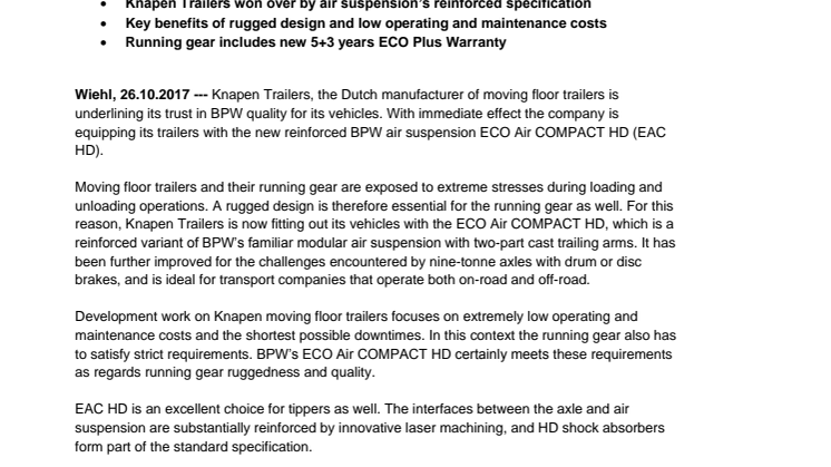 BPW air suspension ECO Air COMPACT HD now adopted as standard for Knapen moving floor trailers