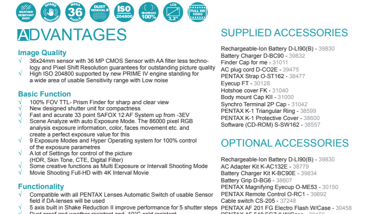 Pentax K-1 Spesifications