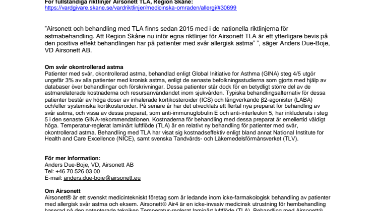 Region Skåne inför Airsonetts teknik TLA som riktlinje för behandling av svår astma 