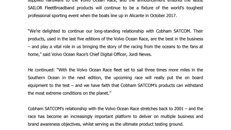 Cobham SATCOM: Volvo Ocean Race and Cobham join forces for the 6th time
