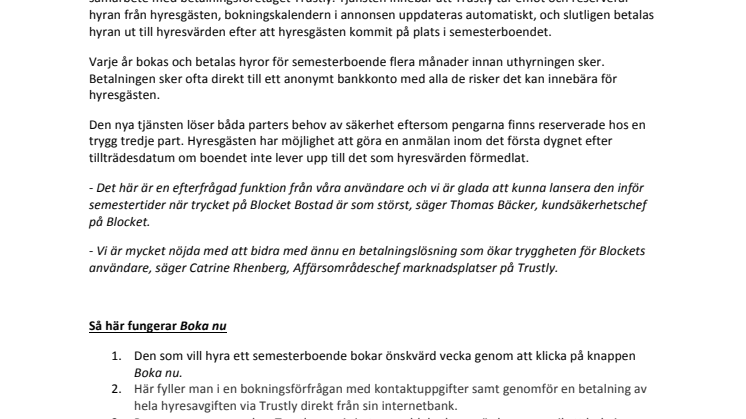 Blocket lanserar ny trygg bokningstjänst för uthyrning av semesterboende