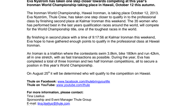 Eva Nyström, Thule Crew, one step closer to Ironman World Championship, Hawaii