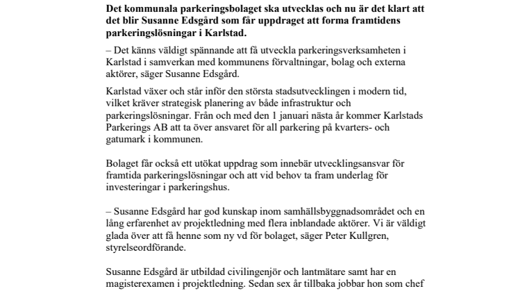 Susanne Edsgård blir ny VD för Karlstads Parkerings AB