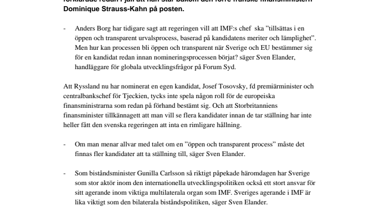 Forum Syd: Sverige spelar dubbelt om IMF-chef