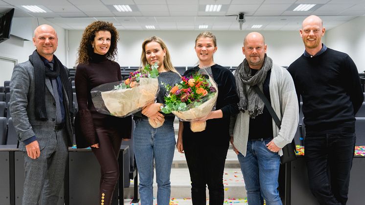 Studentene som skal designe et av møterommene på Clarion Hotel The Hub sammen med juryen for konkurransen. f.v: Andre Schreiner, Anemone Wille Våge, Eilén Benedikte Brenne, Hanne Lassemo Buøen,  Anders Björkén og Eivind Nagel