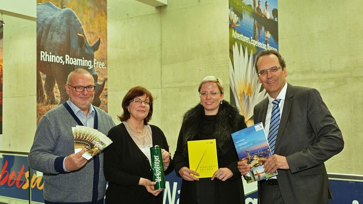 v.l.: Günter Tempelhof, Dr. Ines Zekert, Bettina Auge und Volker Bremer informierten auf der ITB 2017 über Jubiläen 2018 in Leipzig und der Region