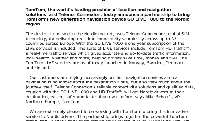 TomTom and Telenor Connexion bring real-time services and traffic to the Nordic region