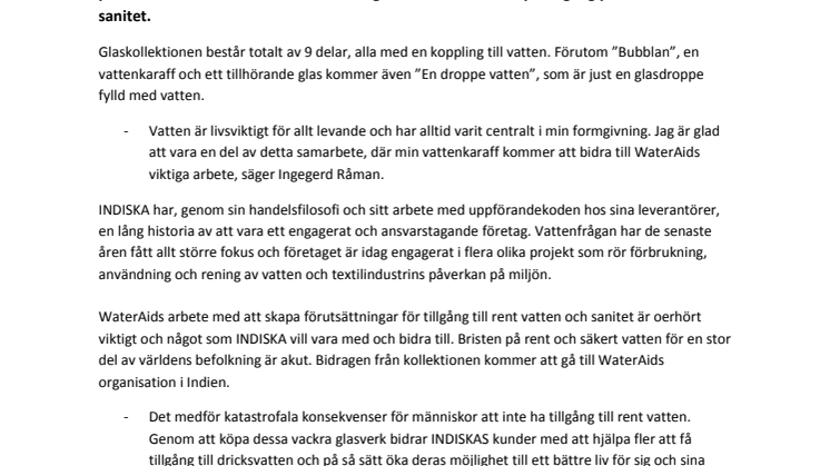 INDISKA och INGEGERD RÅMAN i designsamarbete till förmån för WaterAid