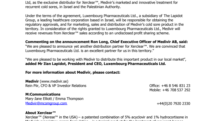 Medivir appoints Luxembourg Pharmaceuticals as distributor for Xerclear™ in Israel 