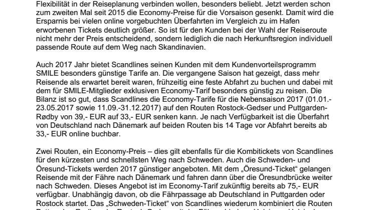 Scandlines senkt Economy Preise für 2017