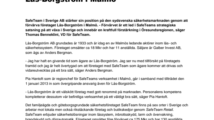 SafeTeam förvärvar Lås-Borgström i Malmö