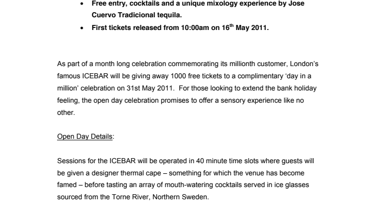 THANKS A MILLION - ICEBAR LONDON IS ON US ICEBAR LONDON ANNOUNCES £15,000 TICKET GIVEAWAY 