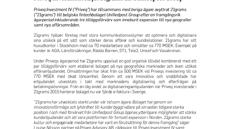 Priveq Investment säljer 21grams till Unifiedpost Group