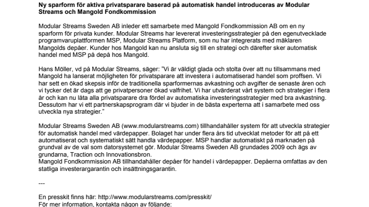 Ny sparform för aktiva privatsparare baserad på automatisk handel introduceras av Modular Streams och Mangold Fondkommission