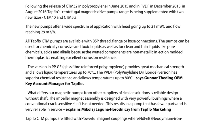 Tapflo introduces two biggest Centrifugal magnetic drive pumps.