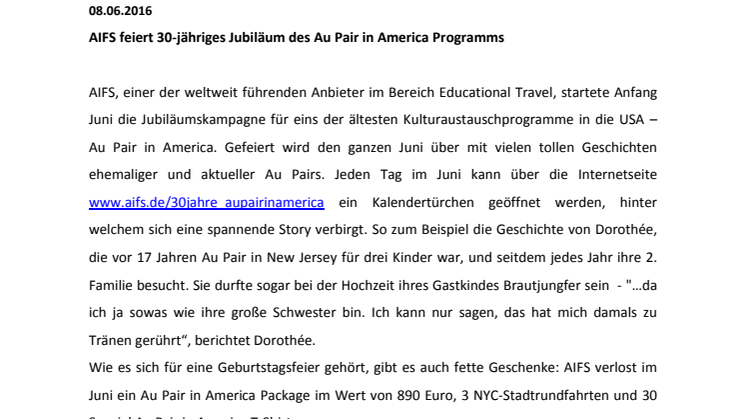 AIFS feiert 30-jähriges Jubiläum des Au Pair in America Programms