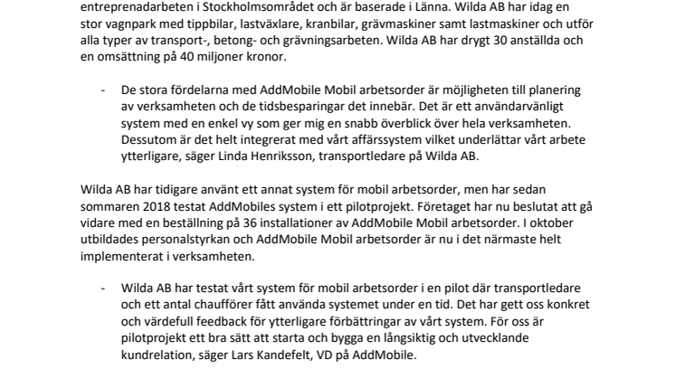 ​AddMobile levererar mobil arbetsorder till Wilda AB efter framgångsrikt pilotprojekt