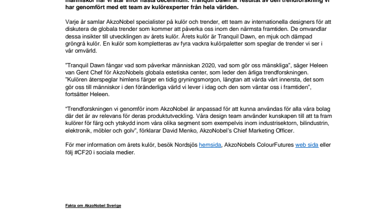 AkzoNobel lanserar årets kulör 2020 - Tranquil Dawn 