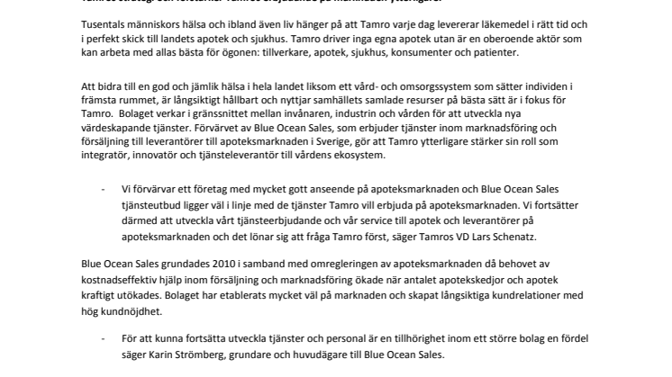 Tamro AB förvärvar Blue Ocean Sales Scandinavia AB