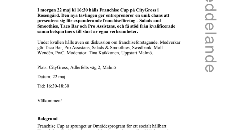Påminnelse: Franchise Cup i Rosengård 22 maj