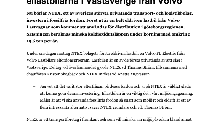 NTEX inleder omställning till fossilfria transporter: Startar med en av de första  ellastbilarna i Västsverige från Volvo 