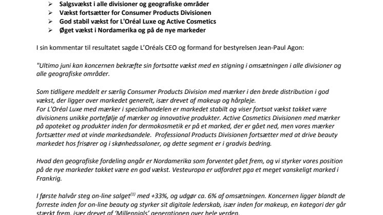 L'Oréals resultat 1. halvår 2016: Solid omsætning og indtjening i en ustabil kontekst - tiltro til resten af året