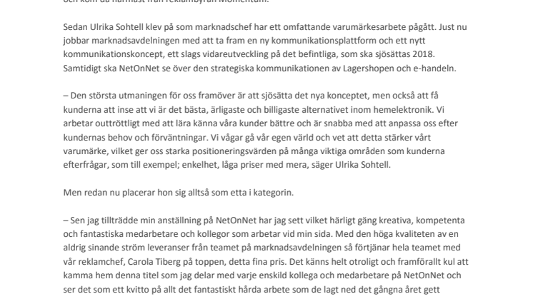 NetOnNet tar hem titeln Sveriges Bästa Marknadschef 2017