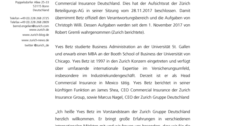 Yves Betz wird Vorstand Commercial Insurance der Zurich Gruppe Deutschland