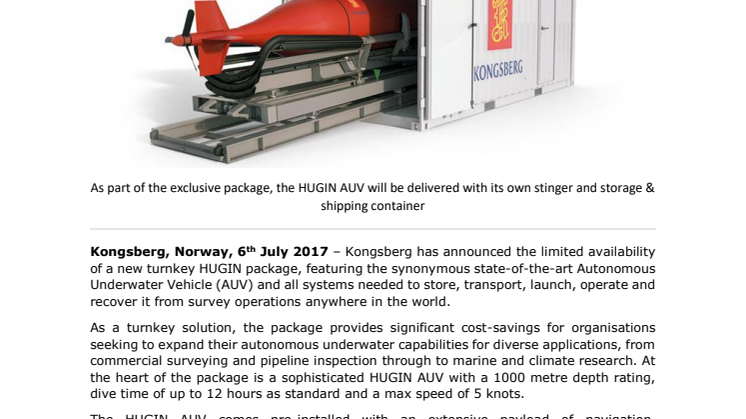 Kongsberg Maritime: Limited Turnkey HUGIN AUV Package Now Available