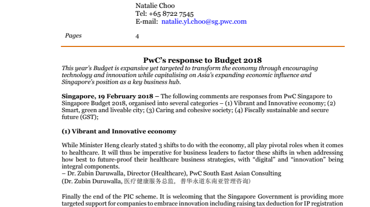 PwC’s response to Budget 2018