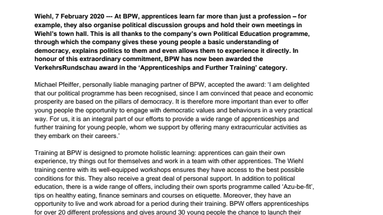 VerkehrsRundschau award for BPW’s Political Education training programme