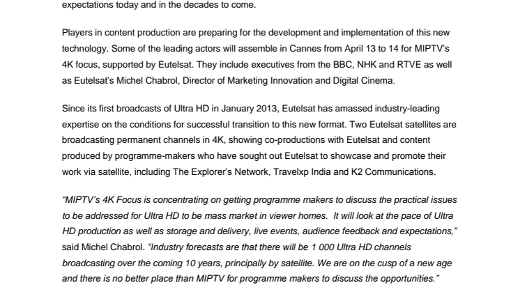 Eutelsat puts Ultra HD centre stage at MIPTV