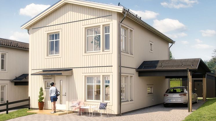 Brf Dora Lindgrens väg 2 - 3D-bild av tvåplanshusens framsida. 