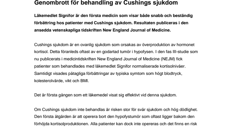 Genombrott för behandling av Cushings sjukdom