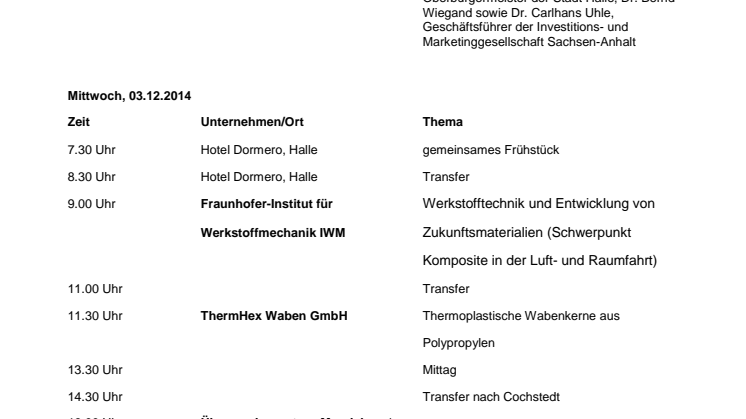 Programm zur Pressereise "Hightech-Materialien aus Sachsen-Anhalt"