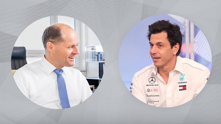 Johannes Pfeffer, styrelsens ordförande på ebm-papst i Tyskland (till vänster) och Toto Wolff, Teamchef & CEO för Mercedes-AMG Petronas Motorsport. Foto: Medcedes-AMG Petronas / ebm-papst / Adobe Stock Kaikoro
