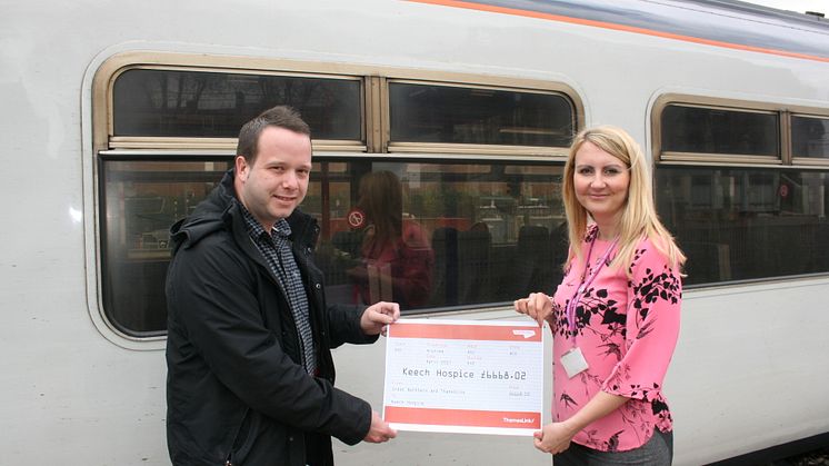Just the ticket: Caron Hooper of Keech Hospice Care is presented with a donation of over £6,600 at Thameslink's Luton station by Train Services Manager Ant Yandell