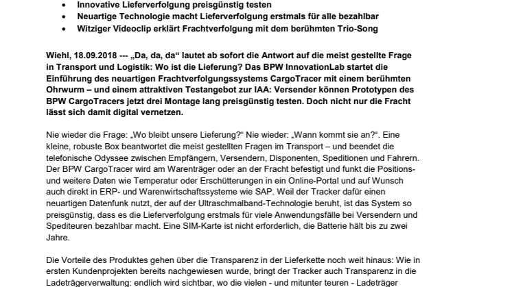 Da, da, da ist die Fracht! Das BPW Innovation Lab startet das Frachtverfolgungssystem CargoTracer mit einem Testangebot 